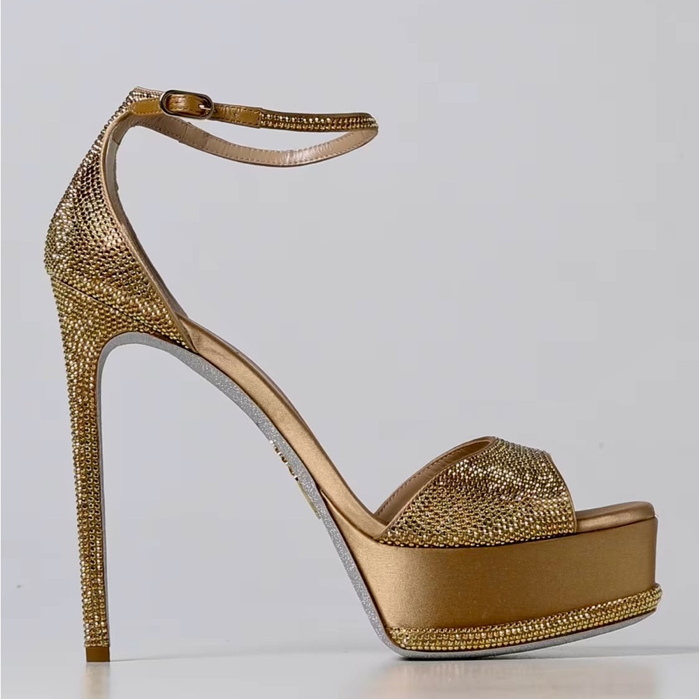 Rene Caovilla - Crystal Gold Platform Heels - New - 38 US